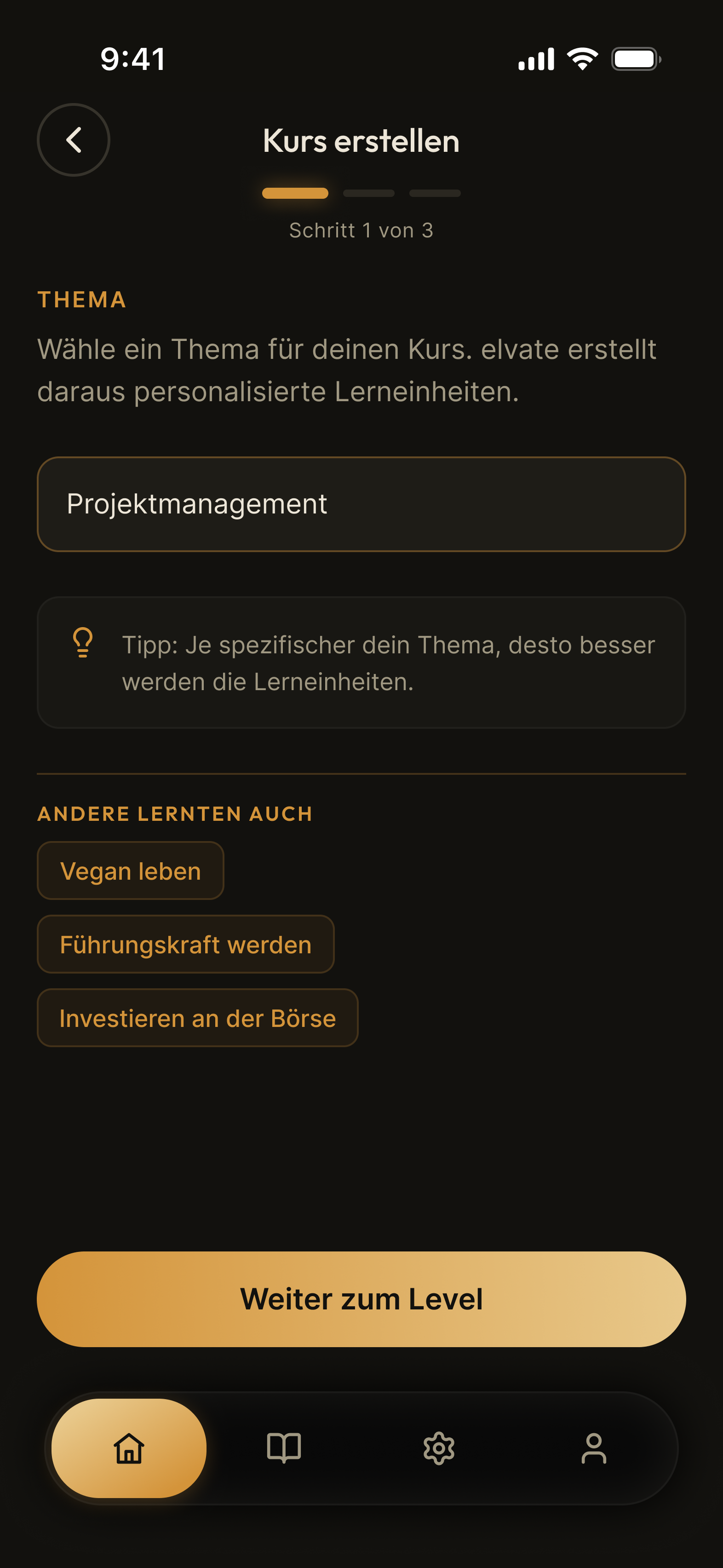 Kurs erstellen – Thema eingeben